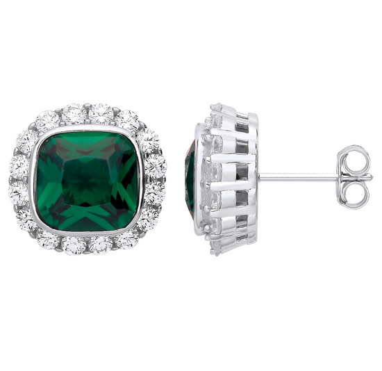 Silver Green CZ Halo Stud Earrings