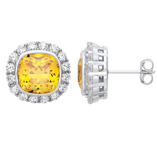 Silver Yellow CZ Halo Stud Earrings