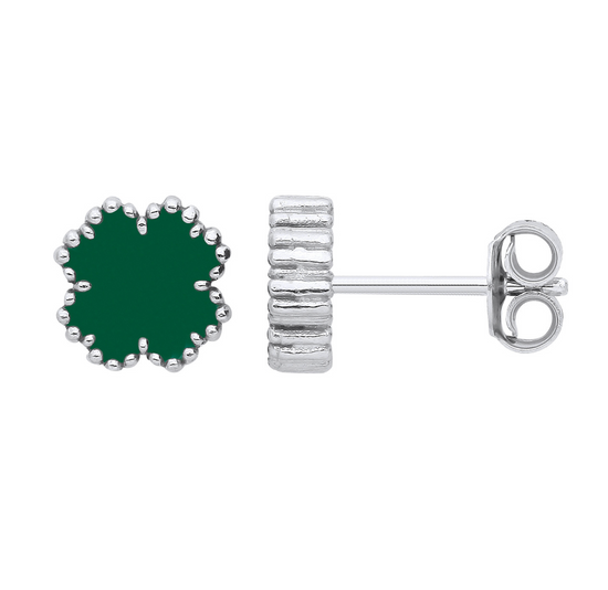 Silver GREEN Enamel Four Leaf Clover Studs
