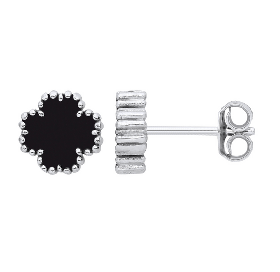 Silver BLACK Enamel Four Leaf Clover Studs