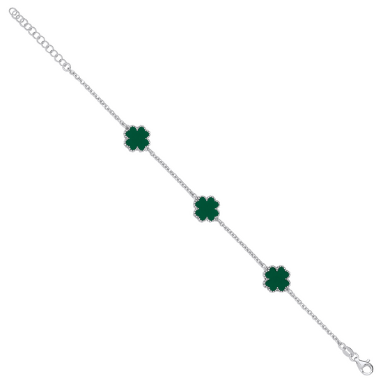 Silver GREEN Enamel Four-Leaf Clover Bracelet