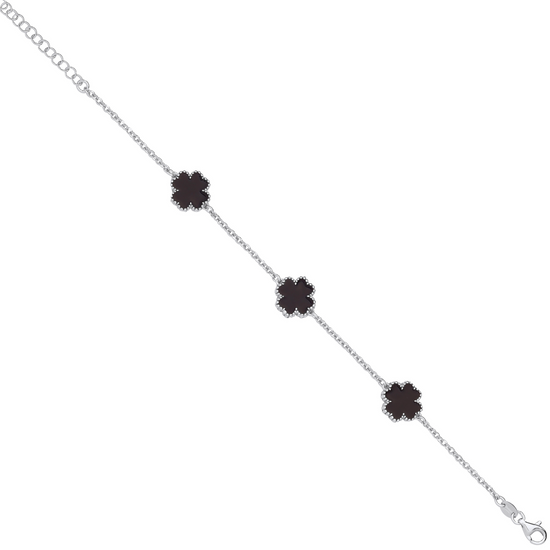 Silver BLACK Enamel Four-Leaf Clover Bracelet