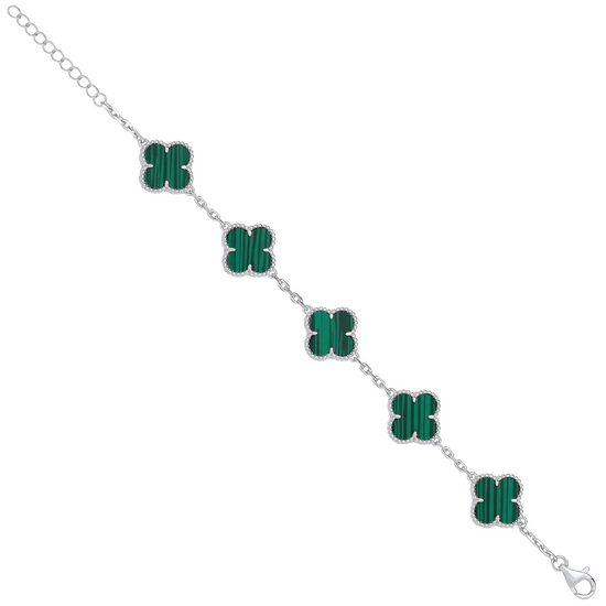 Silver Green Four-Leaf Clover Bracelet