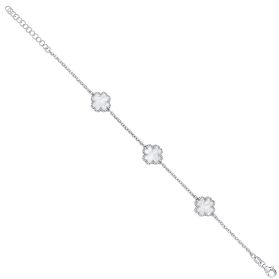 Silver WHITE Enamel Four-Leaf Clover Bracelet