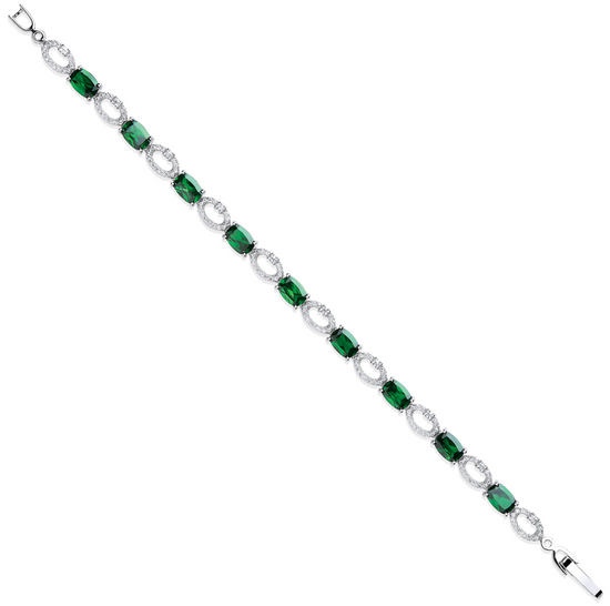 Silver Oval Cut Green & Clear CZs Tennis Bracele