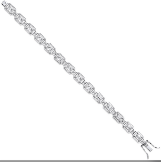 Silver Clear CZ Emerald Cut in a Halo Style Tennis Bracelet
