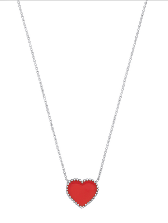 Silver RED Enamel Heart Pendant on Chain