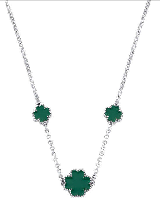 Silver GREEN Enamel Four Leaf Clover Necklace
