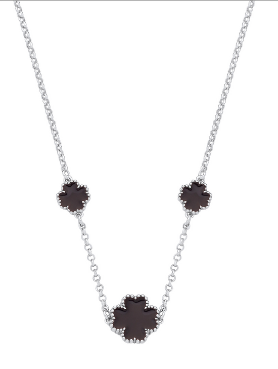 Silver BLACK Enamel Four Leaf Clover Necklace