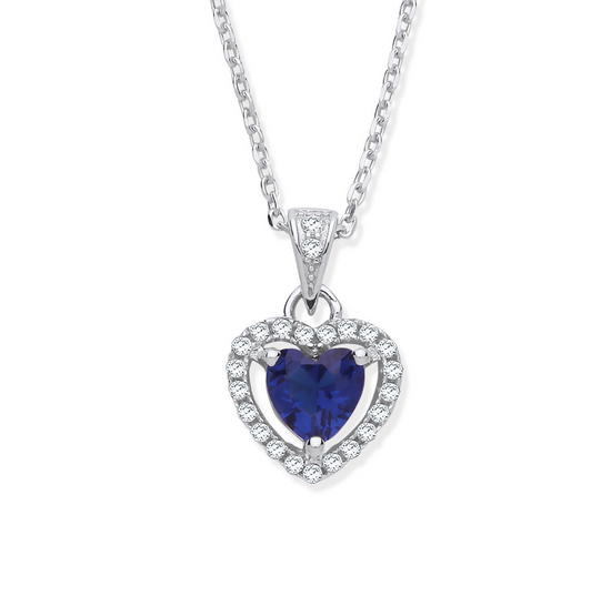 Silver Blue CZ Halo Heart Pendant Necklace.